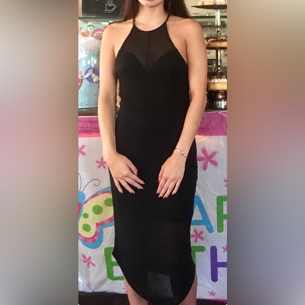 Painted Threads - Black Midi High Neck Dress with Sheer Paneling